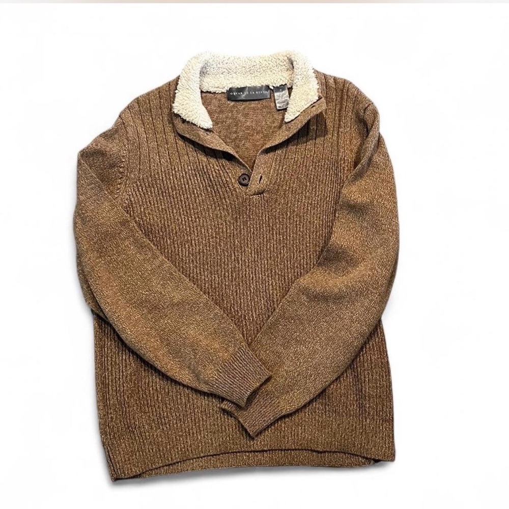 Oscar de la Renta Brown Zip Up Sweater with Cream Collar